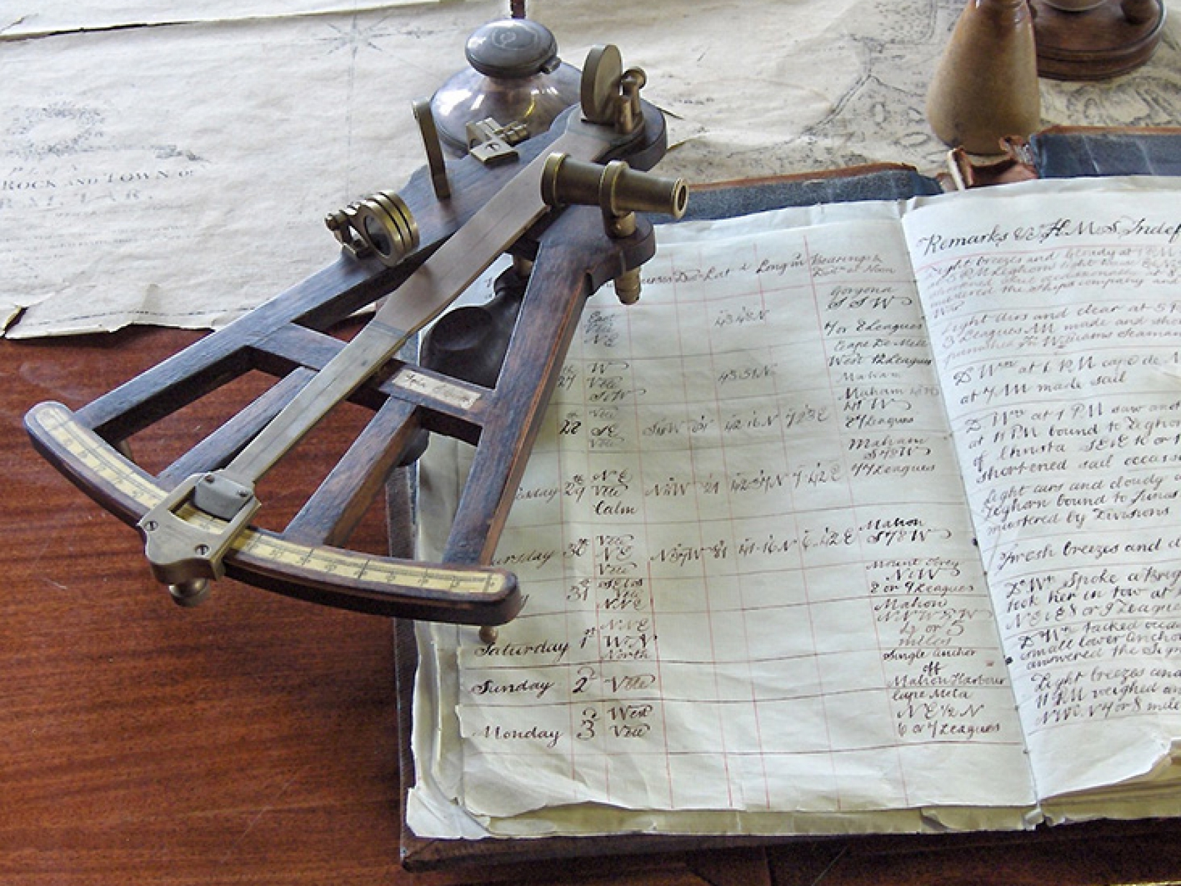 Octante junto a cuaderno de bitácora