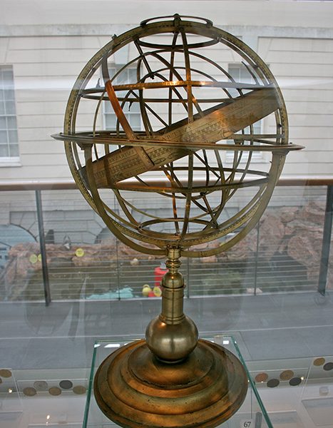 Italian armillary sphere, by Joannes Paolo Ferreri, Rome, 1624. AST0634.

"An armillary sphere is a three-dimensional model of the Universe used for teaching and, sometimes, for calculation. Some, like this one, are Ptolmaic spheres with the Earth at the centre and the Sun orbiting round it. Copernican spheres have the Sun at the centre. The outer sphere indicates the location of stars."